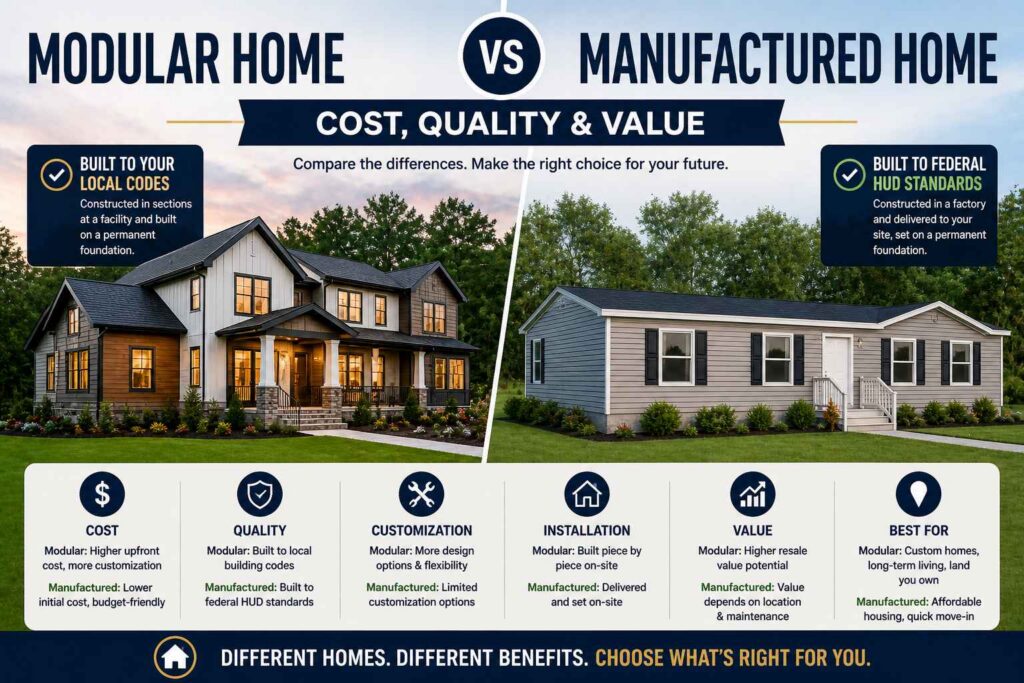 This distinction affects how they're classified for financing purposes — manufactured homes may qualify for manufactured home loan programs rather than standard mortgages in some cases.